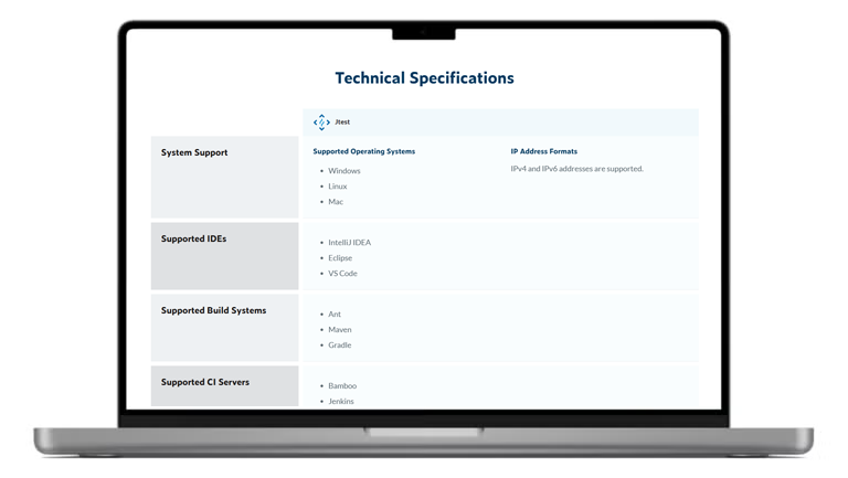 Screenshot of Jtest technical specs page