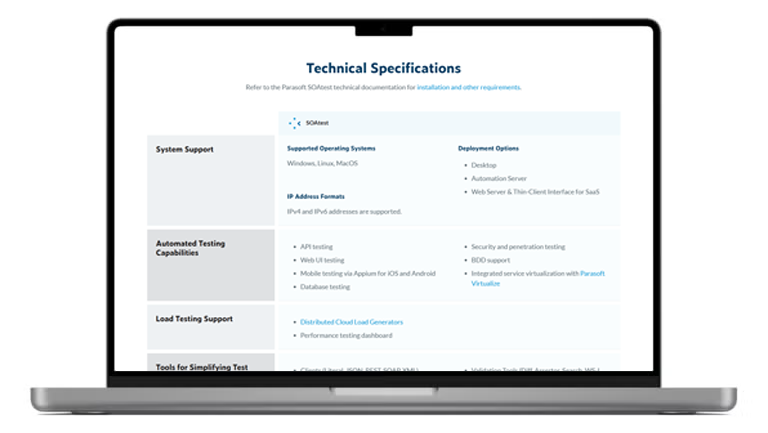Screenshot of SOAtest technical specs page