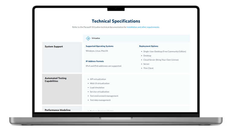 Screenshot of Virtualize technical specs page