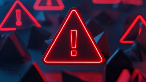 Image of a warning triangle outlined with neon red with an exclamation point in the center with the same neon red outline.