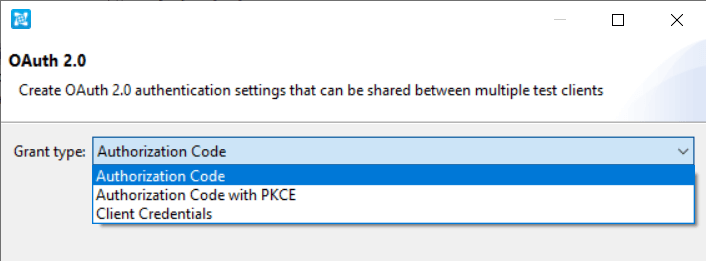Screenshot of OAuth 2.0 with Authorization Code grant type highlighted in a dropdown list. Screenshot of OAuth 2.0 with Authorization Code grant type highlighted in a dropdown list.
