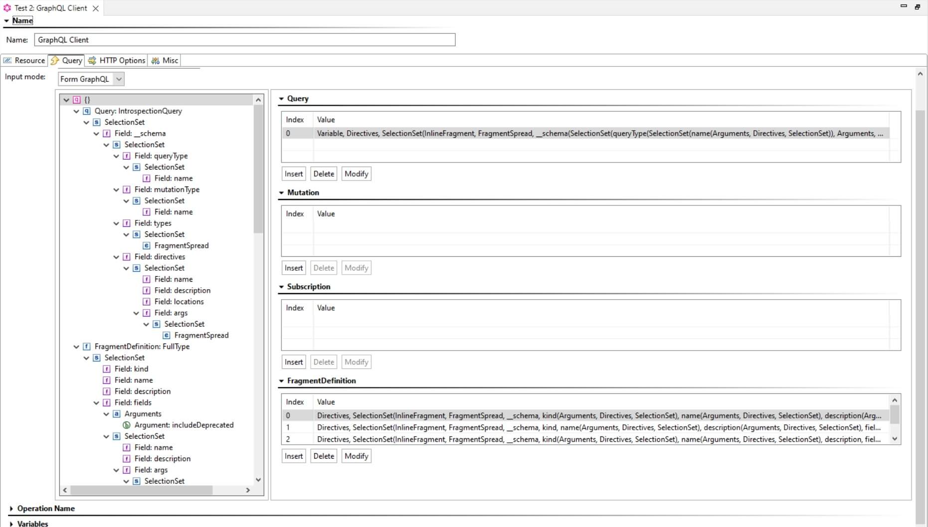 Screenshot of GraphQL Client with an input mode where users can add the text of a predefined GraphQL query.
