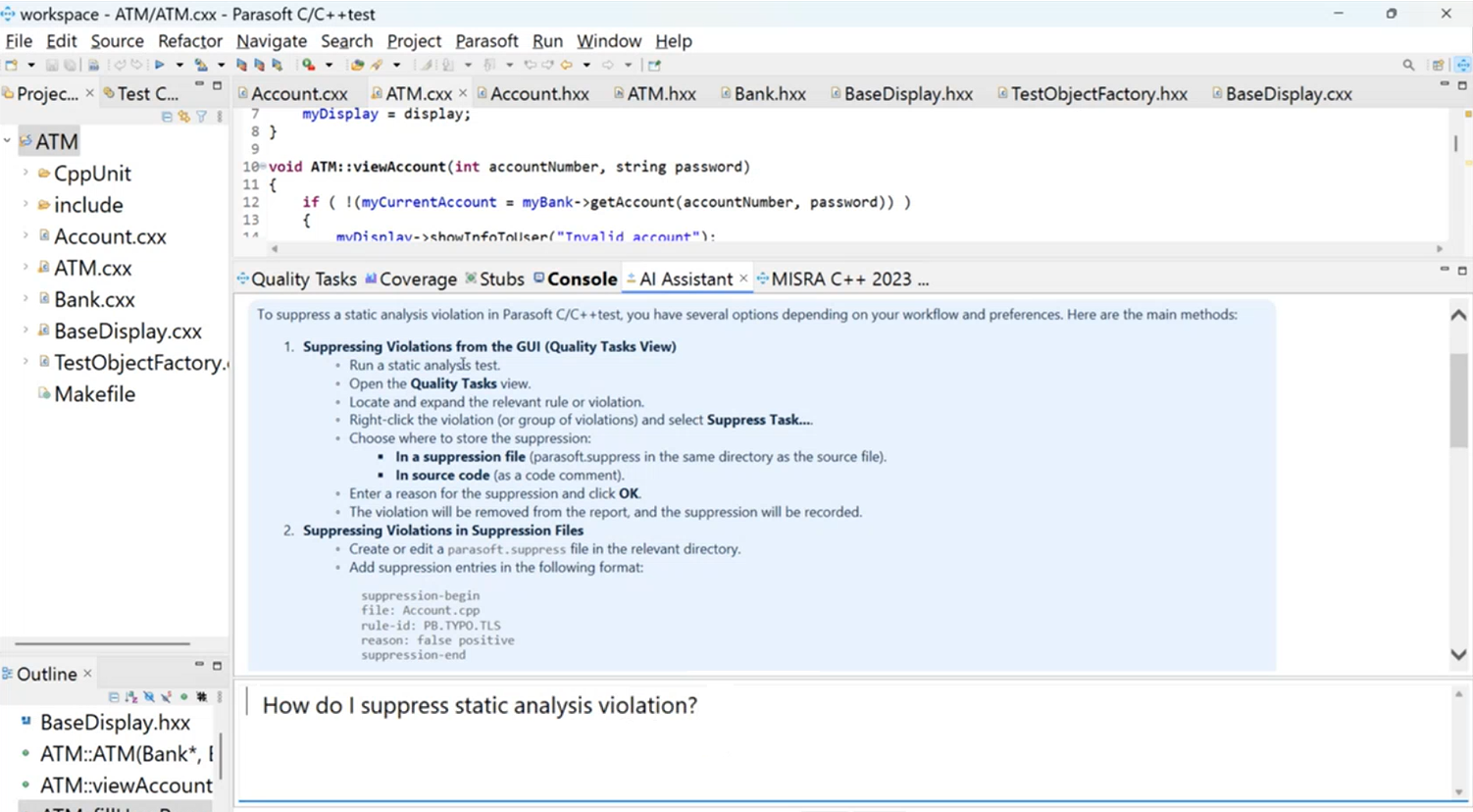 Screenshot of C/C++test showing the AI Document Assistant.