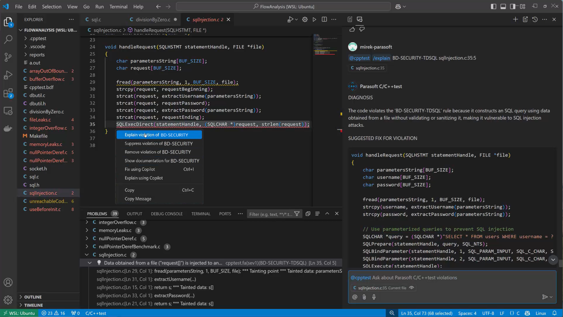 Screenshot of C/C++test integrated with VS Code and a static analysis remediation