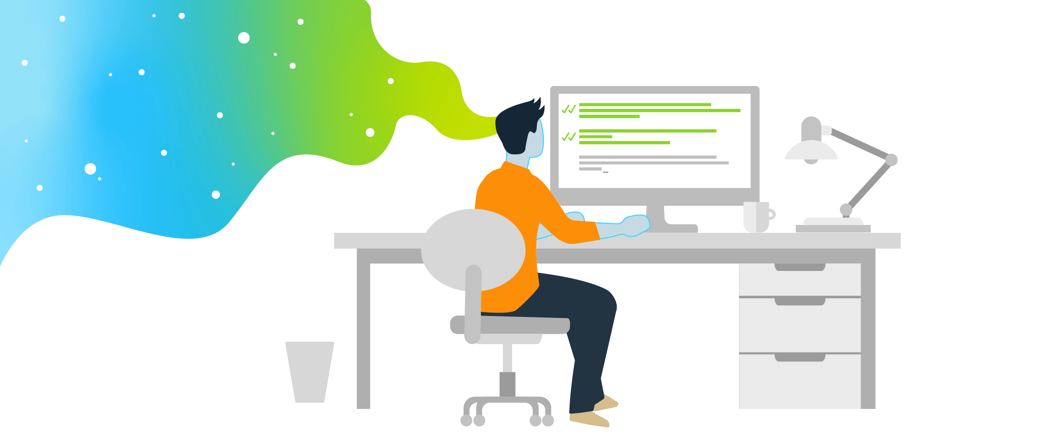 Person at a desk learning how to write effective tests. Infographic showing guy in orange shirt and black pants sitting and working at a desk with a monitor.