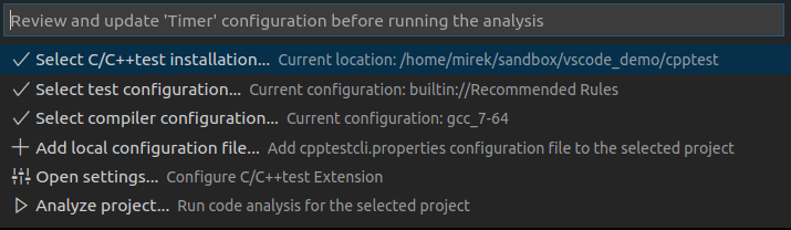 Sample C/C++test configurations in VS Code