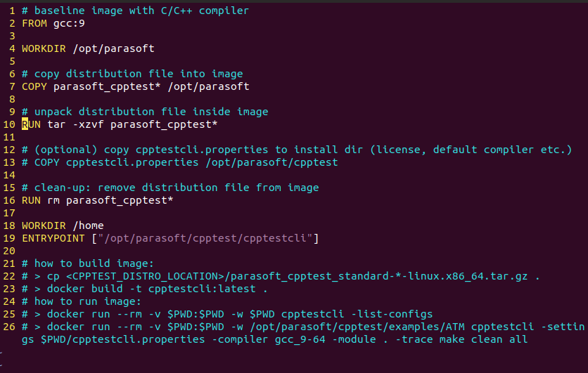 Example content of the Dockerfile shipped with Parasoft C/C++test