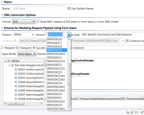Screenshot of SOAtest setup to test EDI messages