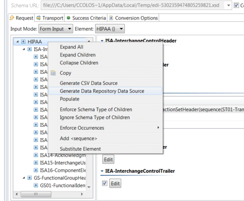 SOAtest screenshot creating a hierarchical data source