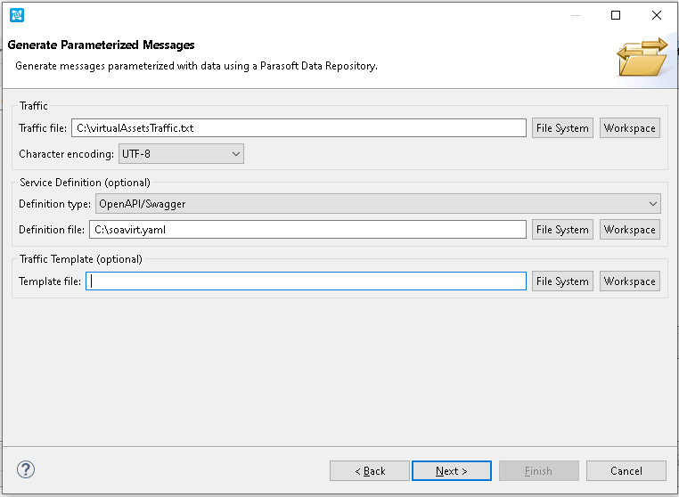 Continuous Quality Suite enables teams to generate parameterized messages using a data repository. Screen capture of Generate Parameterized Messages window. Generate messages parametrized with data using a Parasoft Data Repository.