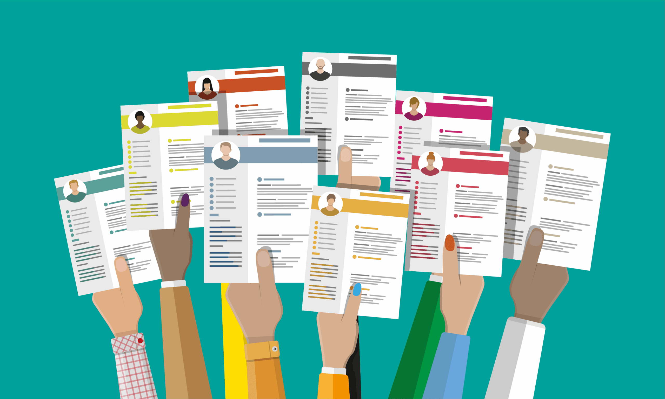 Vector art of multiple hands holding up software quality assurance resumes for QA job interviews. Vector art of multiple hands holding up software quality assurance resumes for QA job interviews.