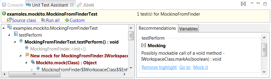 Screenshot of Jtest Unit Test Assistant. Jtest detects dependencies during runtime and recommends mocking the dependencies that it has found.