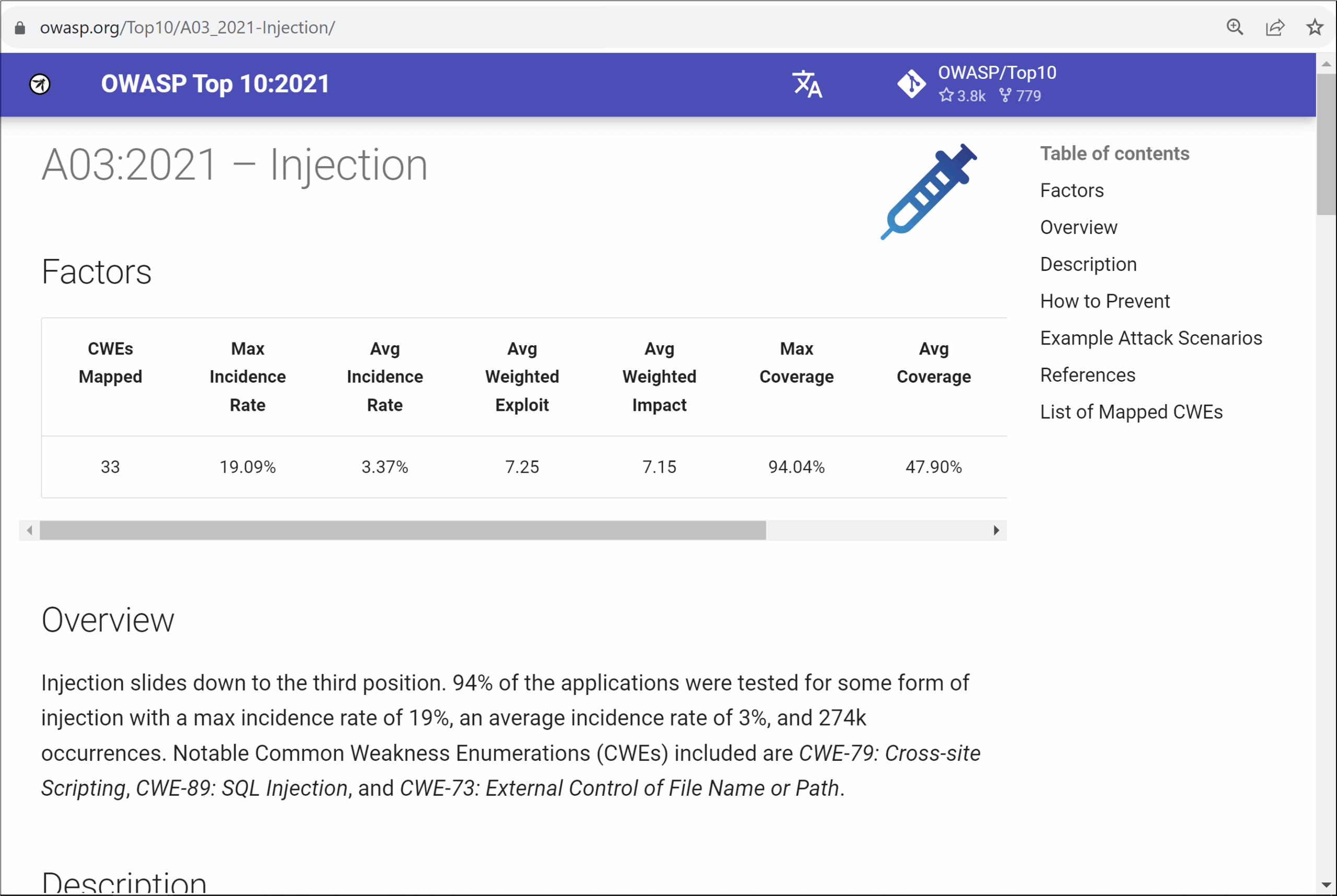 Screenshot showing OWASP Top 10:2021 web page dedicated to describing the A03:2021 - Injection vulnerability.