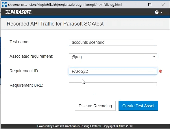 Screenshot of Recorded API Traffic for Parasoft SOAtest. Parasoft SOAtest performs recording and analysis of API traffic into test scenarios and links them to requirements for traceability.