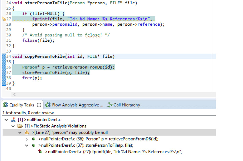 Screenshot of static analysis finding in C/C++test.