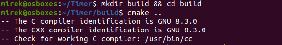 Command-line screenshot, calling the build scripts generation using CMake.