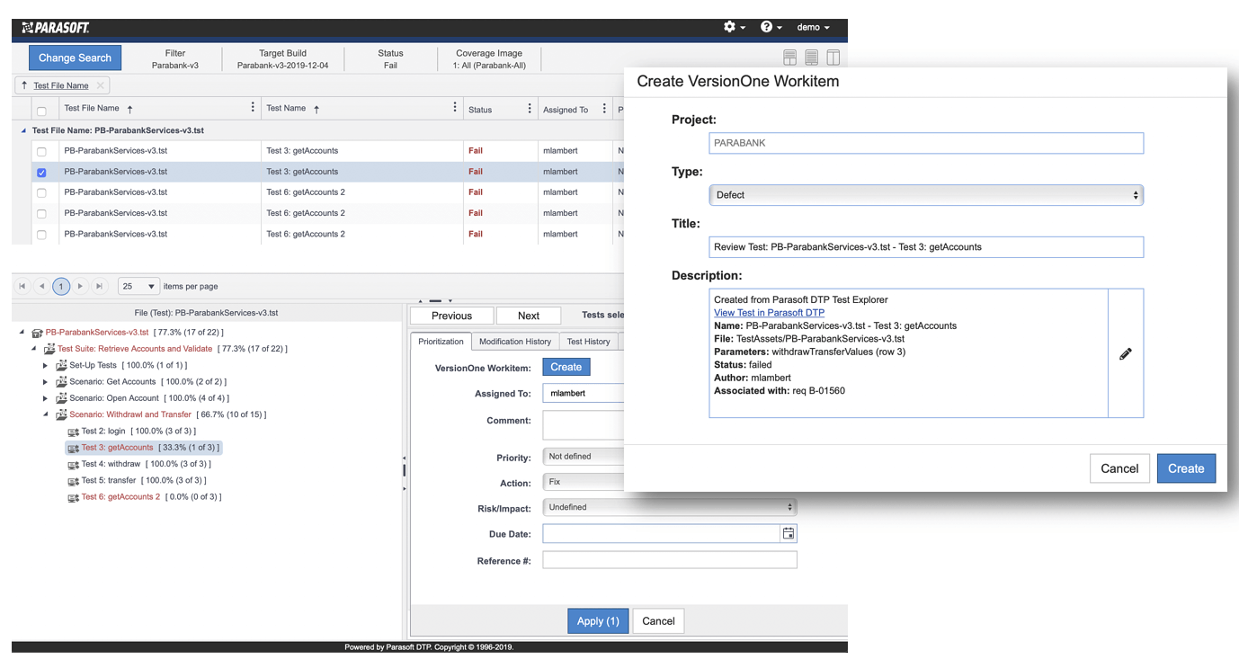 Screenshot of violation and test explorers in Parasoft DTP, enabling teams to create new work items following triage of test failures and static analysis violations.