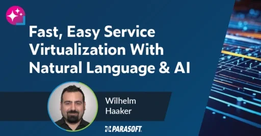 Fast, Easy Service Virtualization With Natural Language & AI video title with speaker headshot below and abstract network graphic to the right