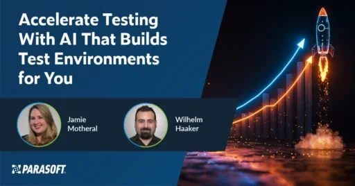 Accelerate Testing With AI That Builds Test Environments for You with speaker headshots below and graphic of rocket blasting off