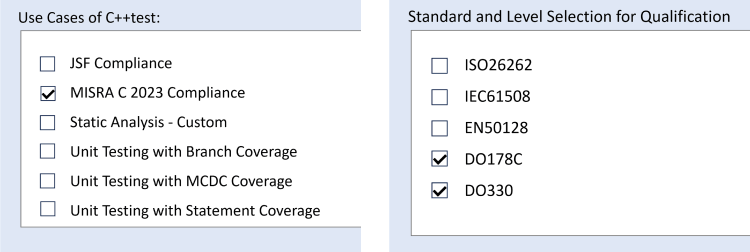 Two side by side screenshots of C/C++test. The one on the left lists Use Cases of C/C++test. The one on the right show lists Standard and Level Selection for Qualification.