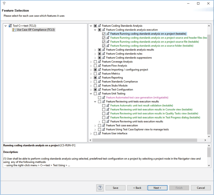 Screenshot of Parasoft C/C++test showing Feature Selection for Parasoft Qualification Kits.