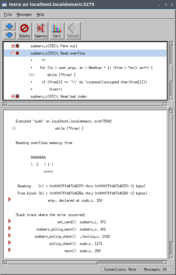 Analyzing results - sudoers.c(971) read overflow - Baron Samedit (CVE-2021-3156) Screen capture of Insure++ sudoers.c(971) read overflow for CVE-2021-4156