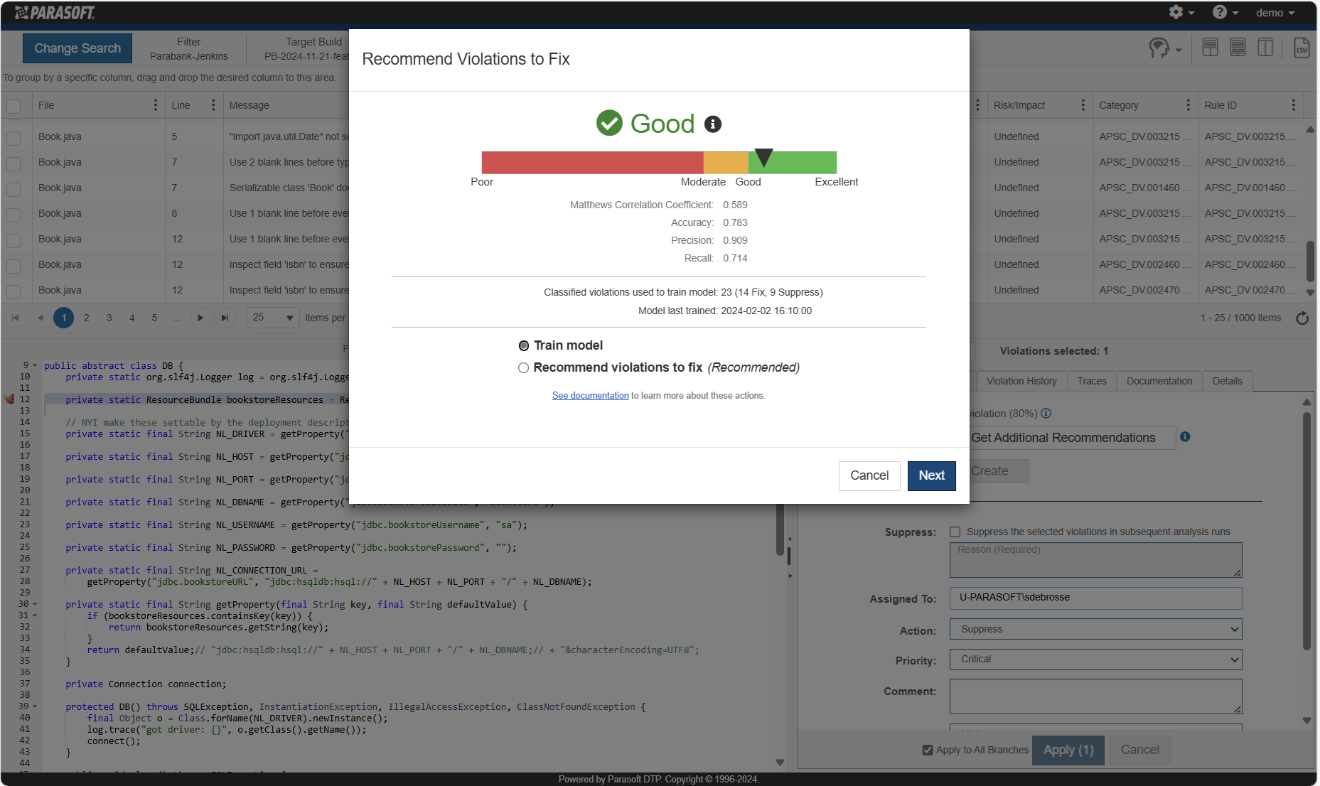 Screenshot of Parasoft DTP's machine learning model training