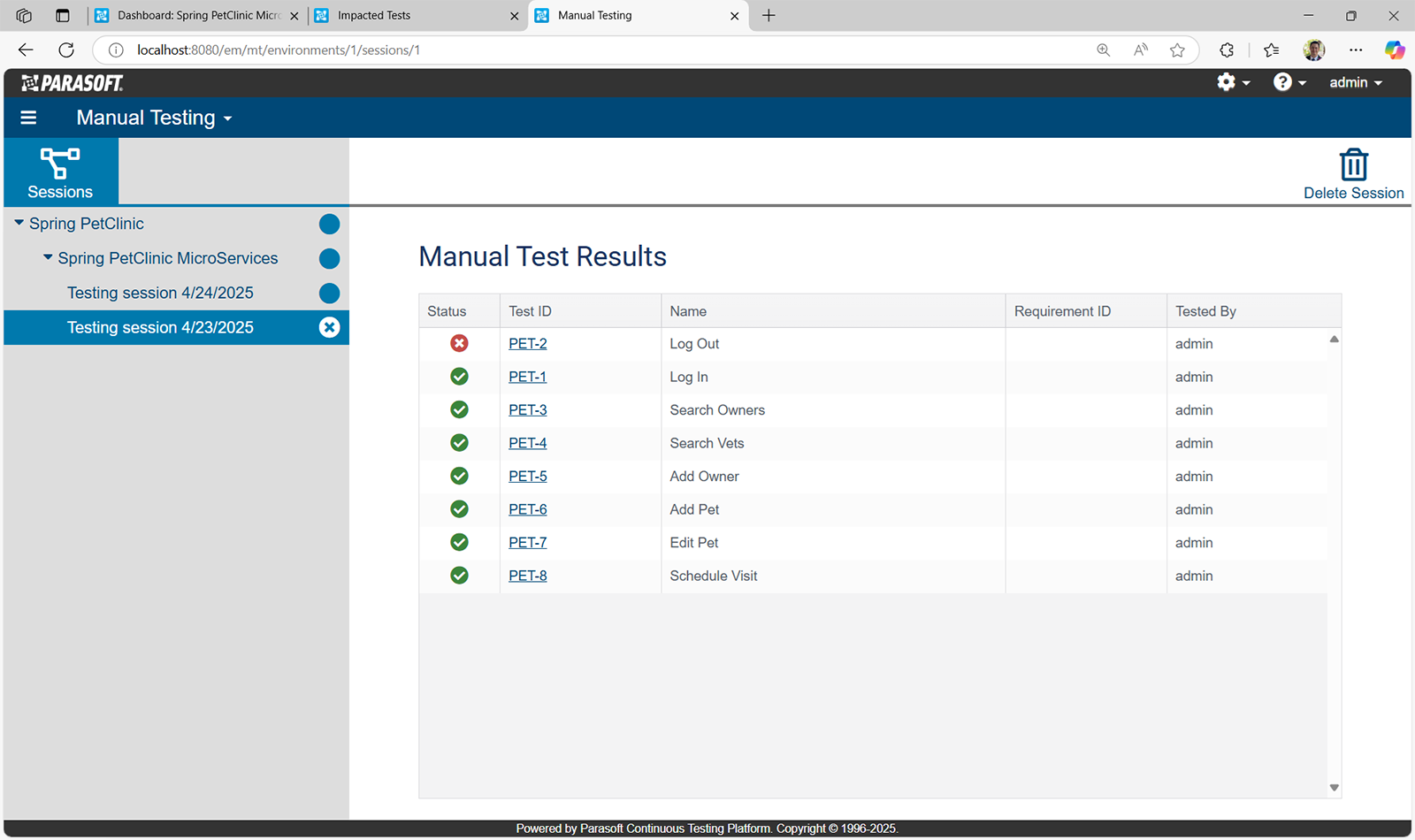 Screenshot of Parasoft CTP manual test results.