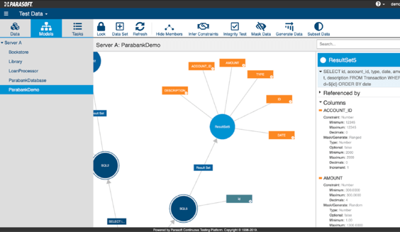 Screenshot of Parasoft's test data management interface