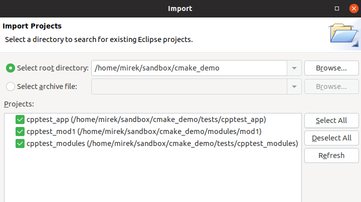 CMake screenshot. Importing projects from Eclipse.