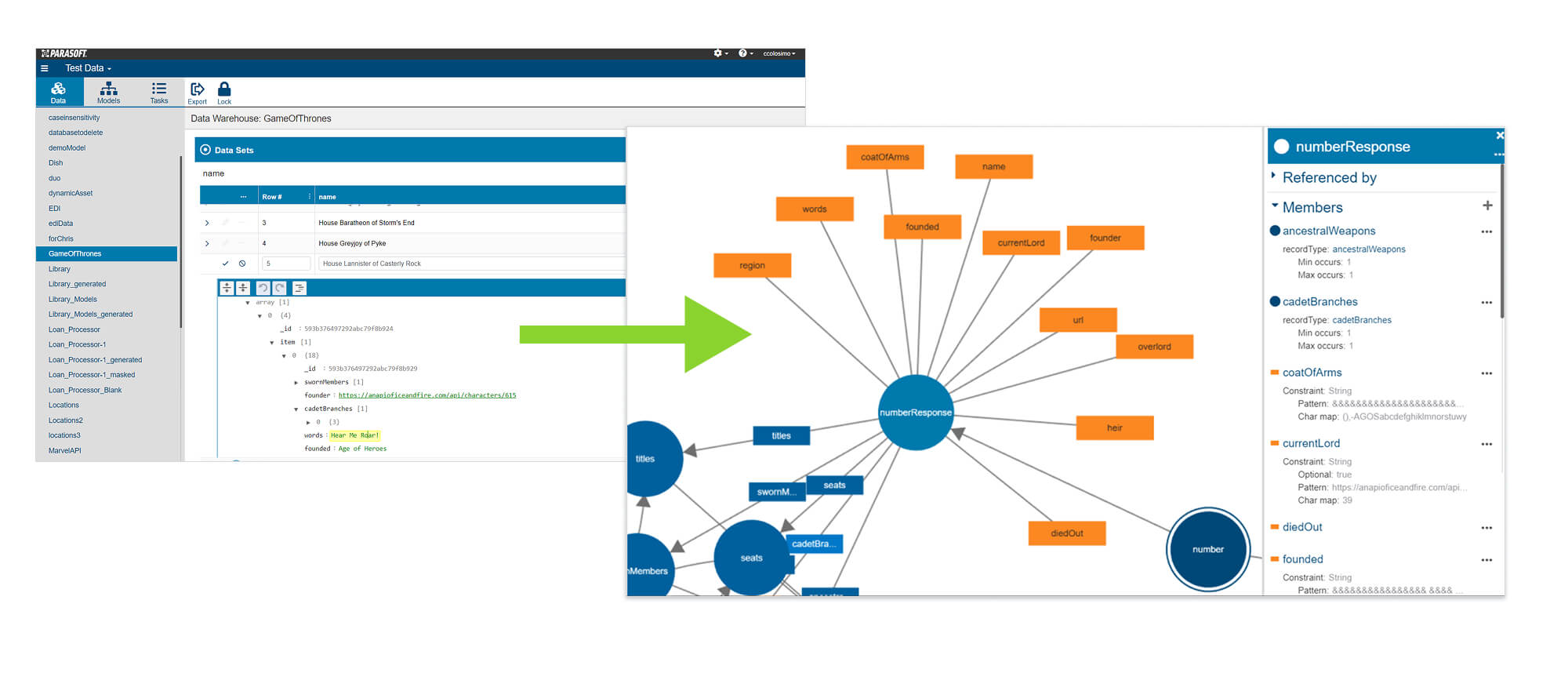 Modifique los datos de prueba generados y visualice la estructura de los datos y las relaciones dentro de un diagrama de modelo.