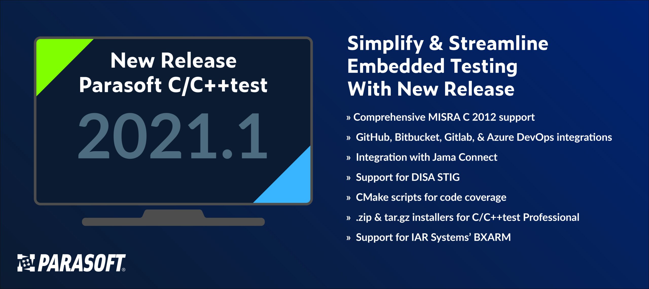 Icon image of monitor displaying New Release of Parasoft C/C++test 2021.1 with Parasoft logo below it and list of enhancements to the right.