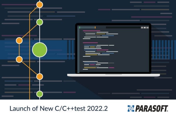 Abstraktes Bild mit gelben und grünen Punkten, die links mit einem Monitor verbunden sind, der rechts den Code anzeigt. Darunter befindet sich die Überschrift Launch of New C/C++test 2022.2 mit dem Parasoft-Logo auf der rechten Seite.