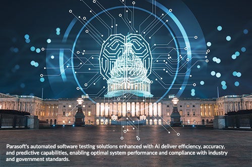 Photo of a government building with a glowing light blue overlay image of an outlined brain encircled with data points stemming away from it. Caption reads: Parasoft's automated software testing solutions enhanced with AI deliver efficiency, accuracy, and predictive capabilities, enabling optimal system performance and compliance with industry and government standards.