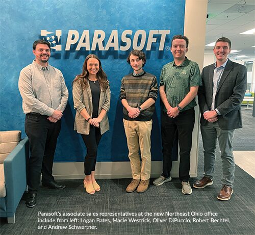 Photograph showing Parasoft's associate sales representatives at the new Northeast Ohio office include from left: Logan Bates, Macie Westrick, Oliver DiPuccio, Robert Bechtel, and Andrew Schwertner.
