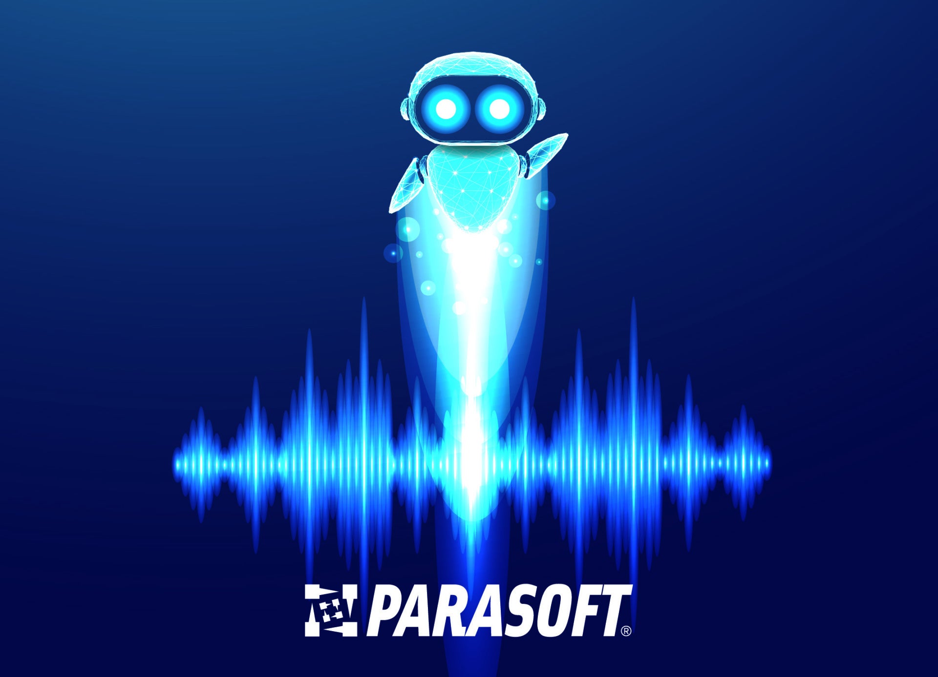 Grafik mit einem KI-Agenten, der über strukturierten Daten schwebt und Fehlerkorrekturen generiert. Das Parasoft-Logo ist mittig unter dem Bild platziert.