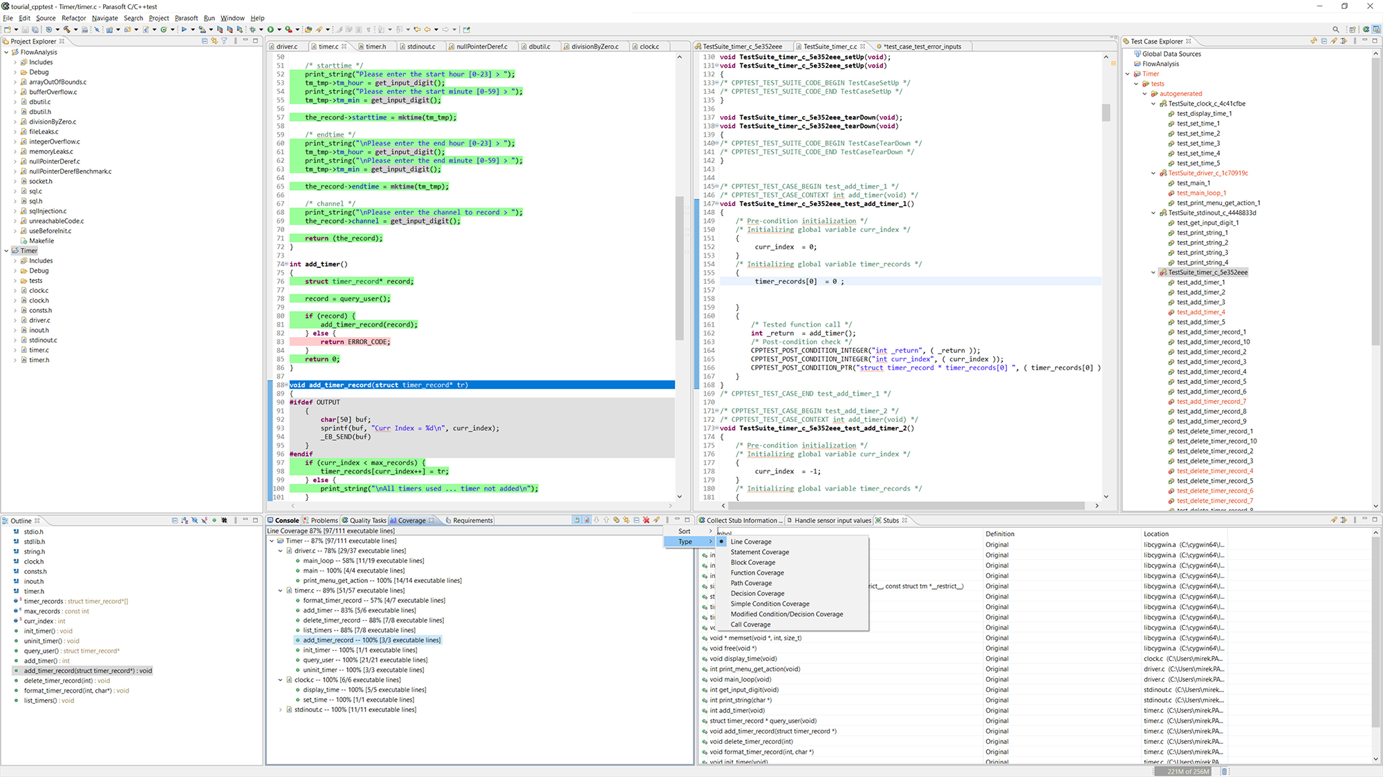 Capture d'écran de C/C++test avec le code surligné en vert