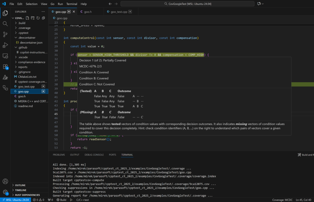 Screenshot of Parasoft C/C++test CT showing an example of MC/DC coverage results for a specific decision within a function.