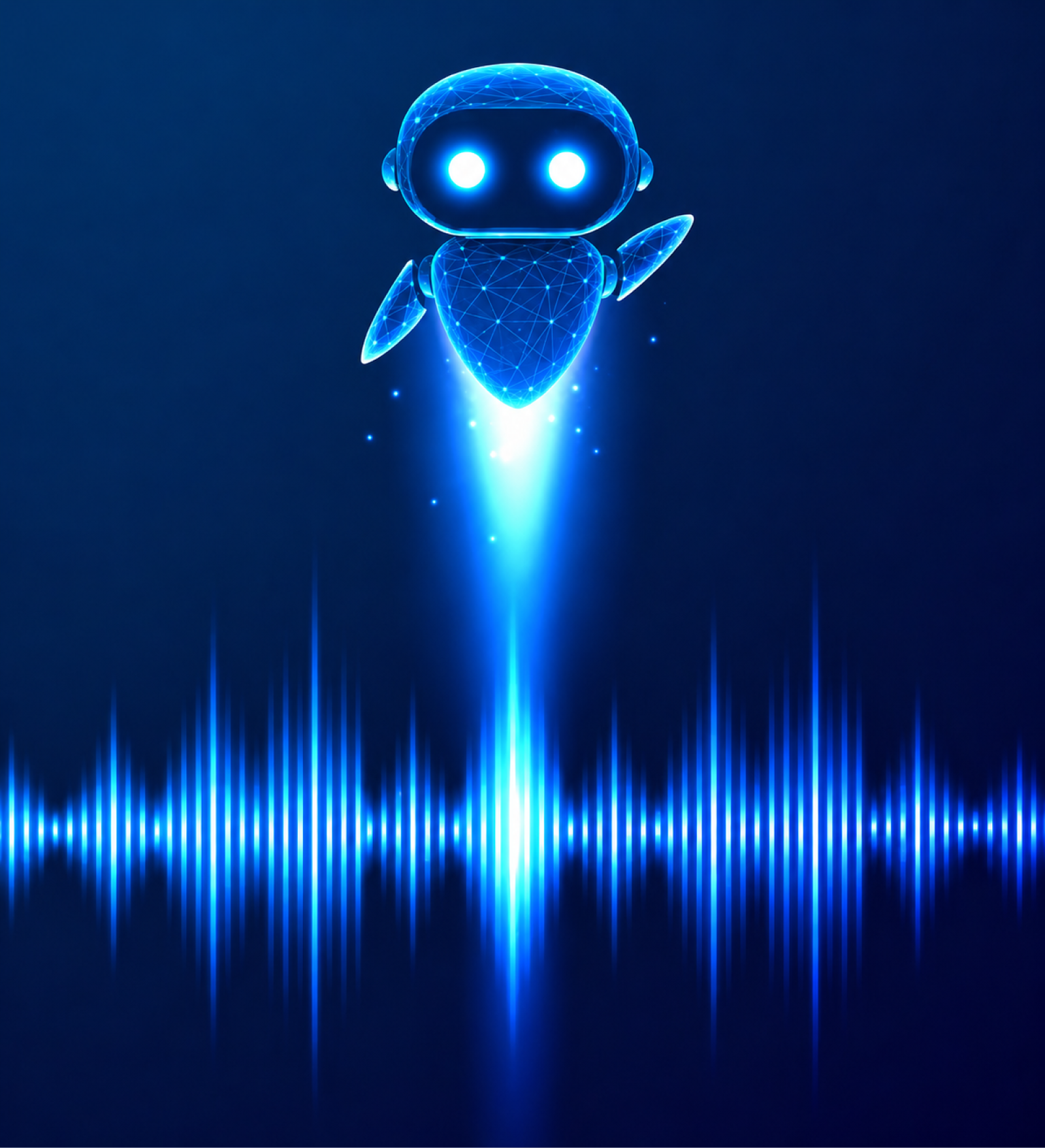 Glowing digital AI robot hovering above a blue waveform, representing AI-driven software quality and testing.